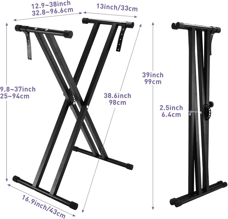 Minewill Double-X Piano Keyboard Stand- Heavy Duty,7-Level Adjustable Height,Portable & Anti-Slip for 61/76/88 Key Digital Pianos,Black，electric piano stand，digital piano stand，88 key keyboard stand，stand - Image 2